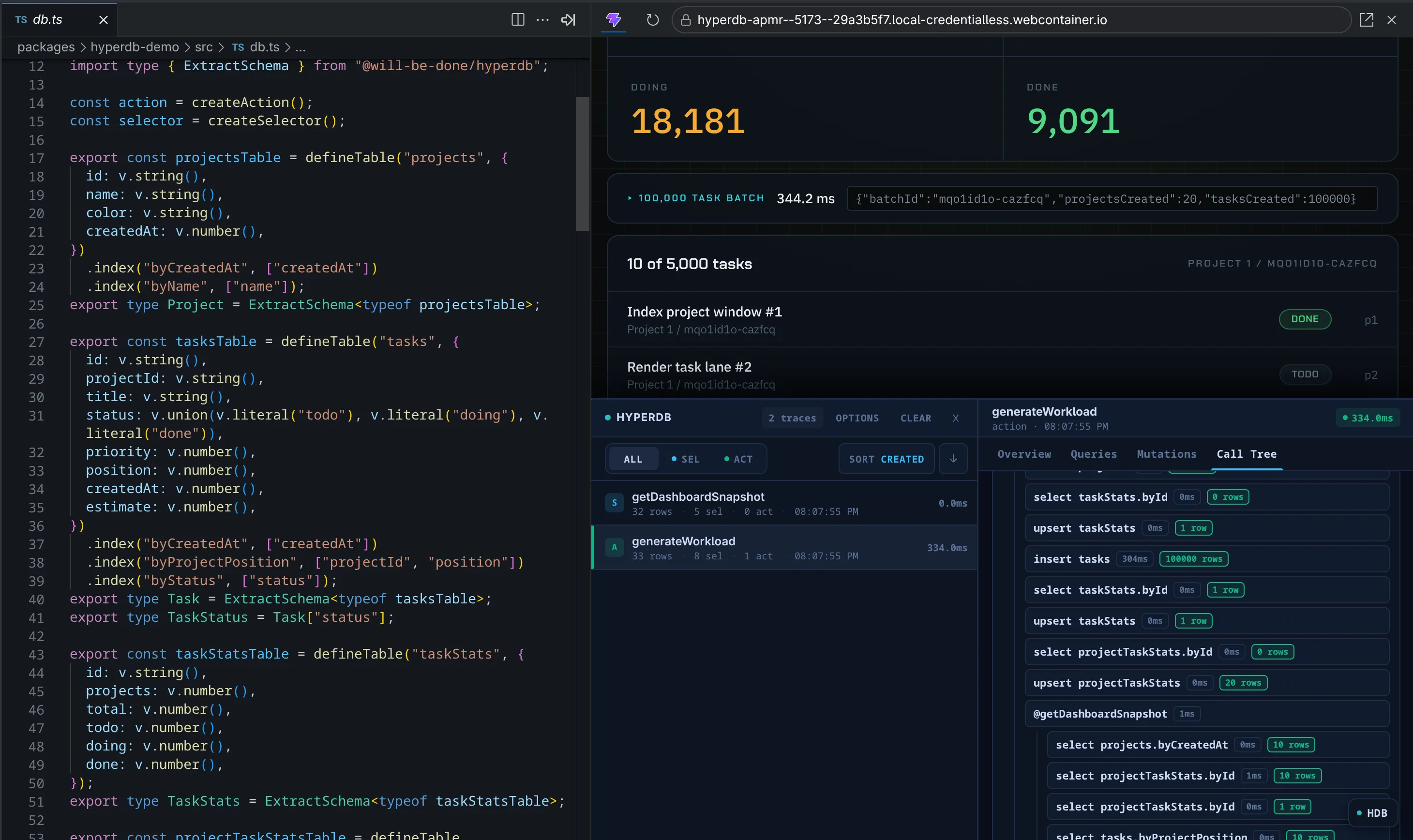 HyperDB schema, selector, and action code running unchanged in the browser
and on the server